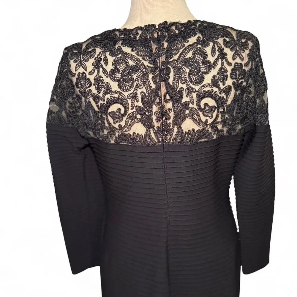 Tadashi Shoji XL Black Lace Corded Embroidery Tulle Pintuck Jersey Boatneck Long - Picture 5 of 8